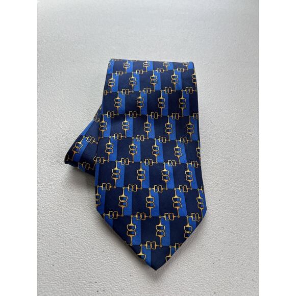 Fendi Cravatte Blue Geometric with Stirrups Pattern 100% Silk Designer Tie NWOT - Picture 1 of 7